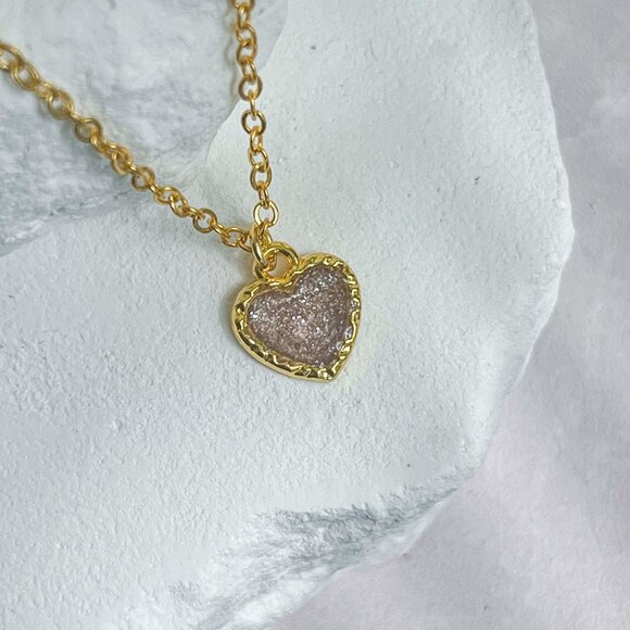 3/$20 14k Gold Bronze Glitter Resin Heart Handmade Charm Pendant Necklace - Picture 5 of 7